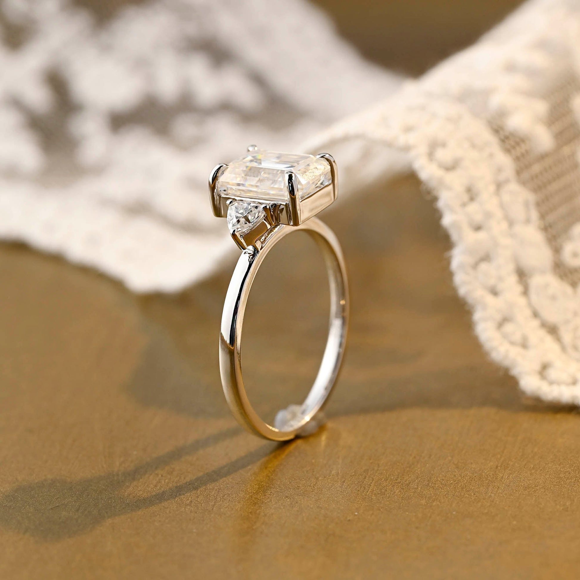 SquareJewelry emerald cut moissanite engagement ring Solid Gold Trillion Accents Stackable Emerald Cut Moissanite Engagement Ring