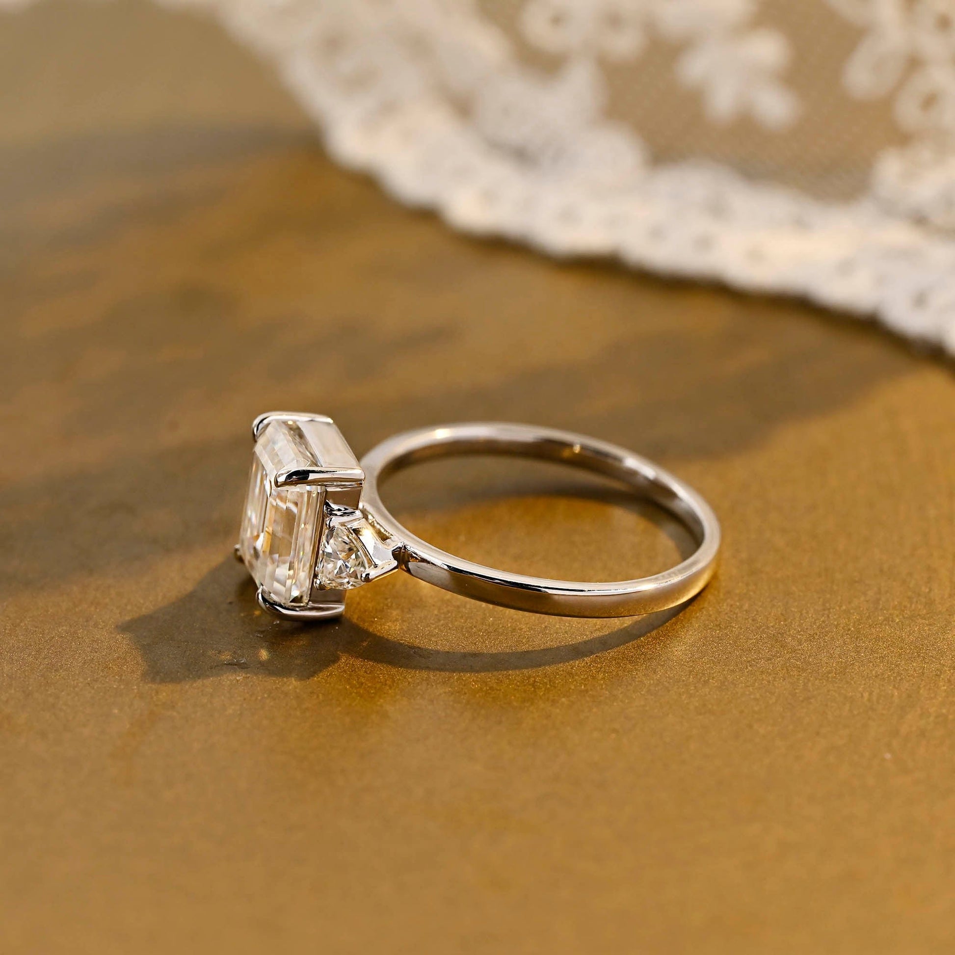 SquareJewelry emerald cut moissanite engagement ring Solid Gold Trillion Accents Stackable Emerald Cut Moissanite Engagement Ring