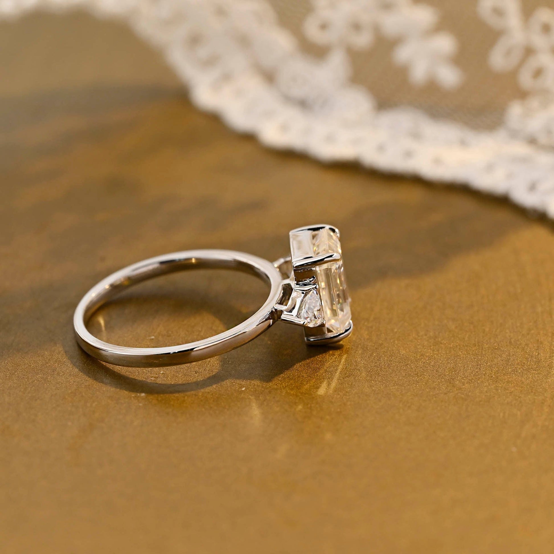 SquareJewelry emerald cut moissanite engagement ring Solid Gold Trillion Accents Stackable Emerald Cut Moissanite Engagement Ring
