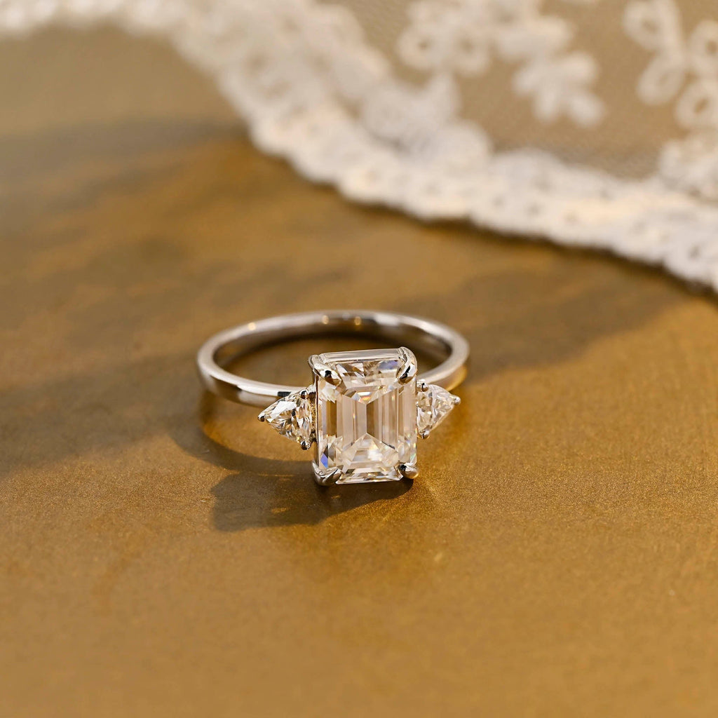 SquareJewelry emerald cut moissanite engagement ring Solid Gold Trillion Accents Stackable Emerald Cut Moissanite Engagement Ring