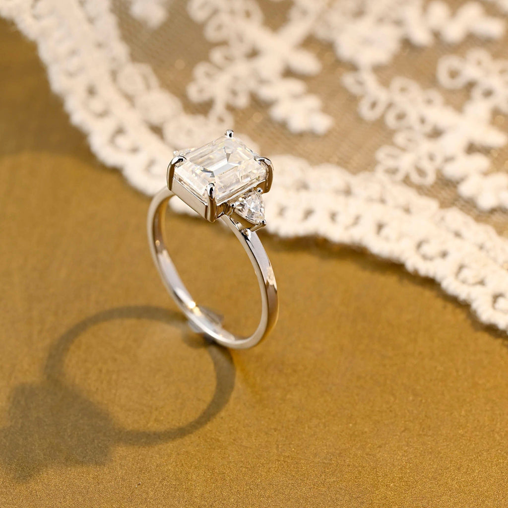 SquareJewelry emerald cut moissanite engagement ring Solid Gold Trillion Accents Stackable Emerald Cut Moissanite Engagement Ring