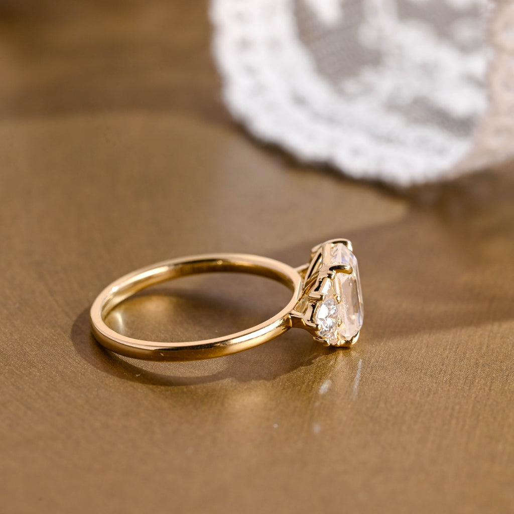 SquareJewelry emerald cut moissanite engagement ring Solid Gold Trillion & Round Side Cluster Emerald Cut Moissanite Engagement Ring