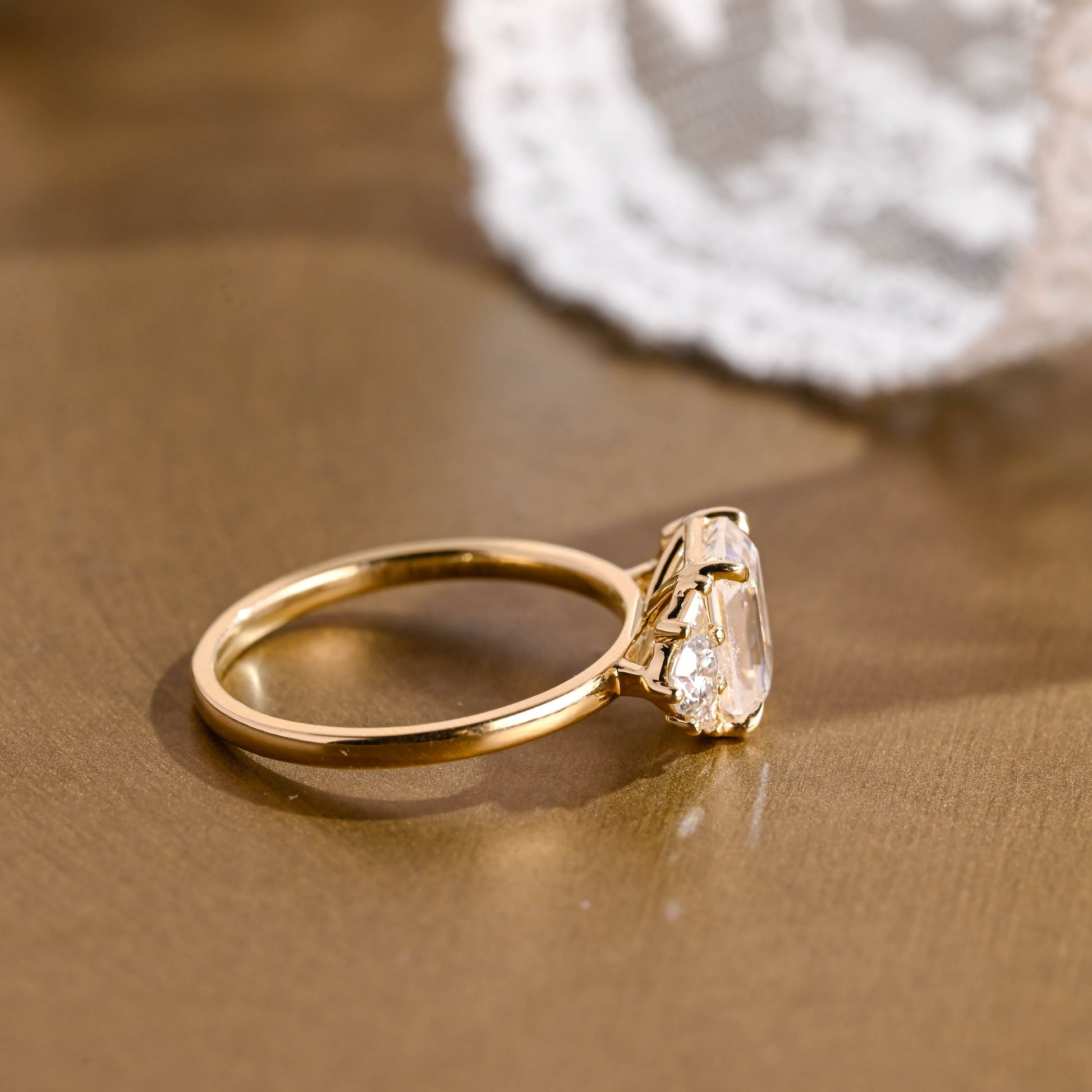 SquareJewelry emerald cut moissanite engagement ring Solid Gold Trillion & Round Side Cluster Emerald Cut Moissanite Engagement Ring