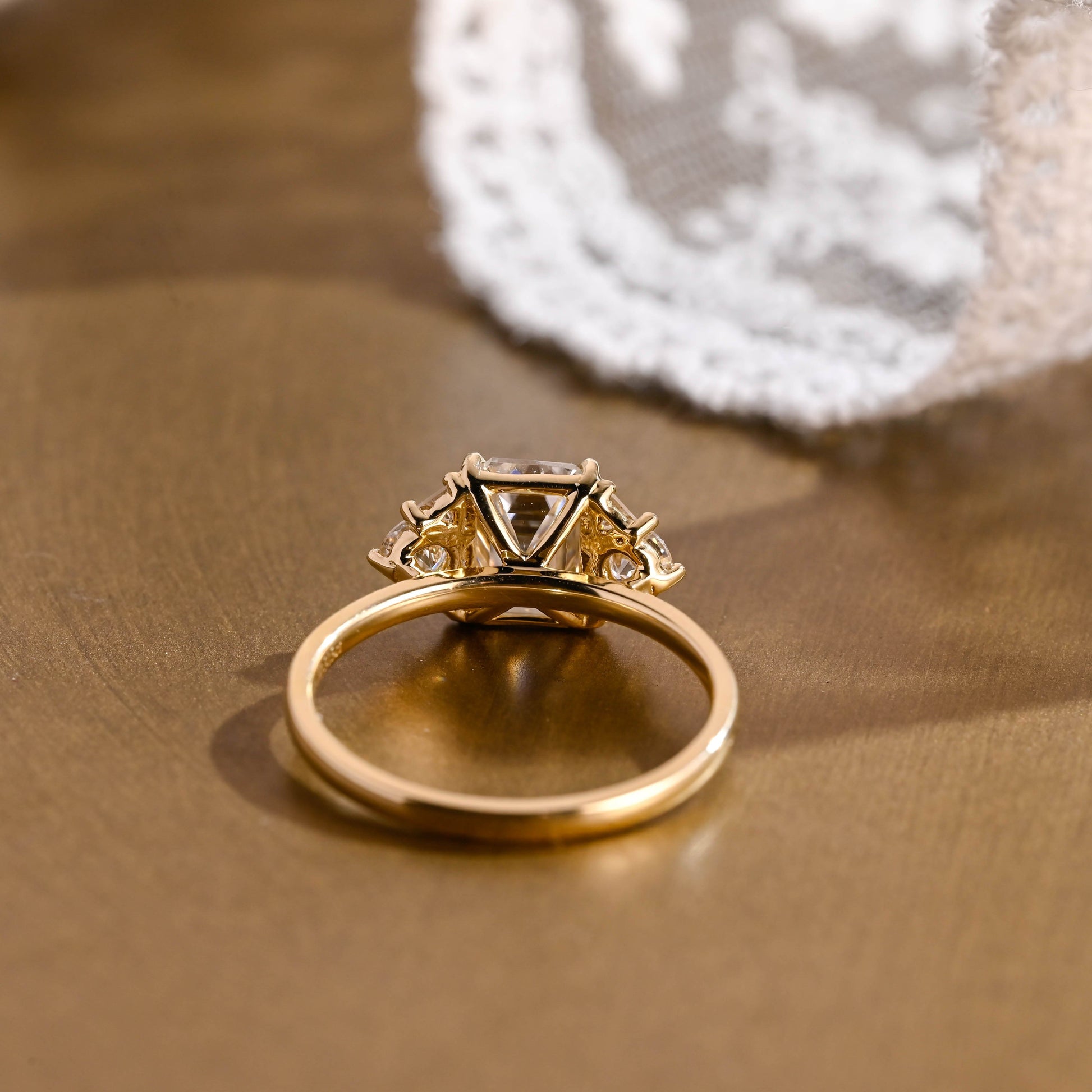 SquareJewelry emerald cut moissanite engagement ring Solid Gold Trillion & Round Side Cluster Emerald Cut Moissanite Engagement Ring