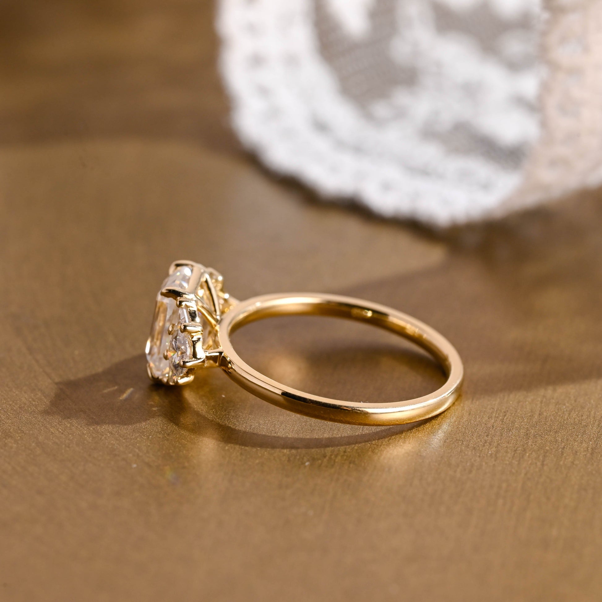 SquareJewelry emerald cut moissanite engagement ring Solid Gold Trillion & Round Side Cluster Emerald Cut Moissanite Engagement Ring