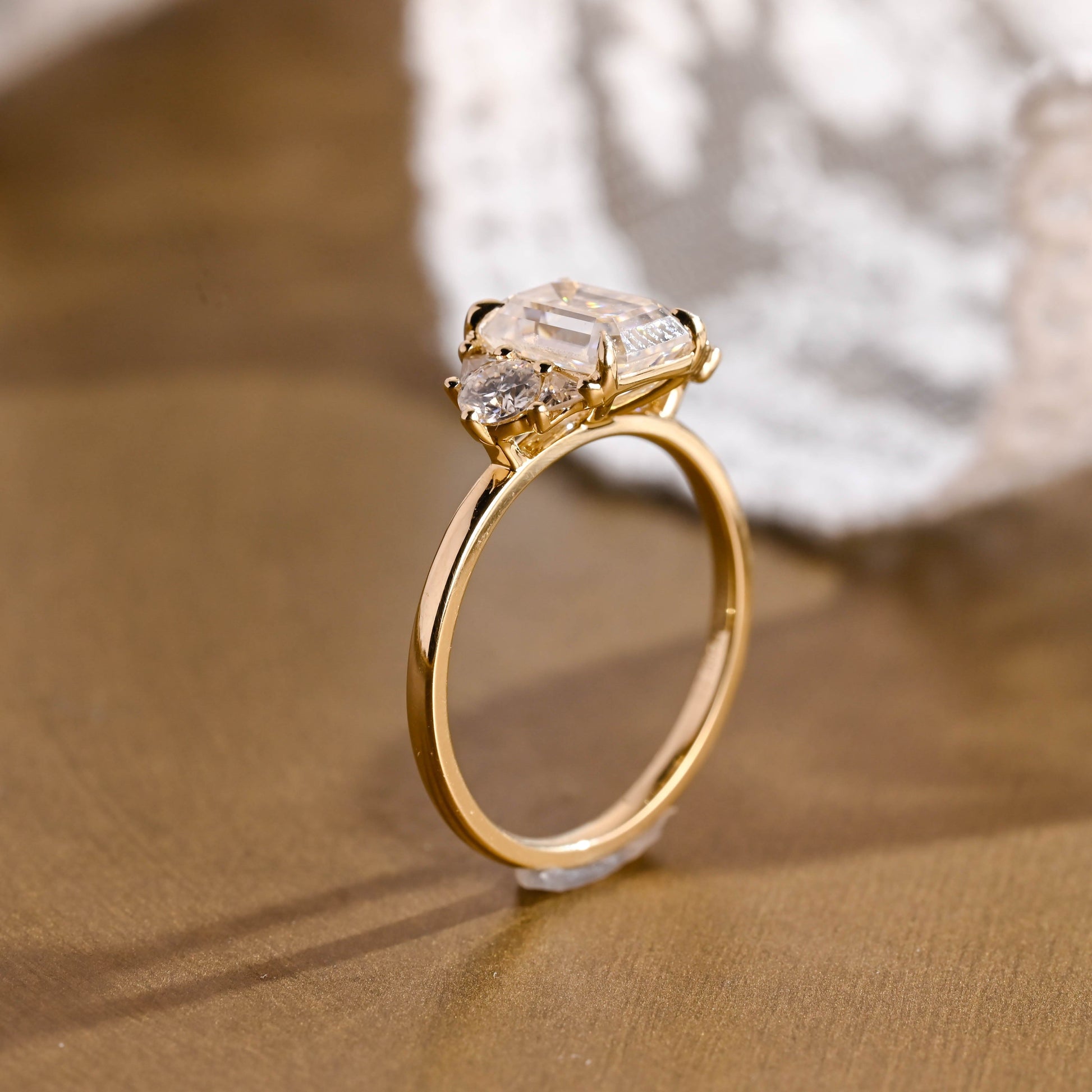 SquareJewelry emerald cut moissanite engagement ring Solid Gold Trillion & Round Side Cluster Emerald Cut Moissanite Engagement Ring