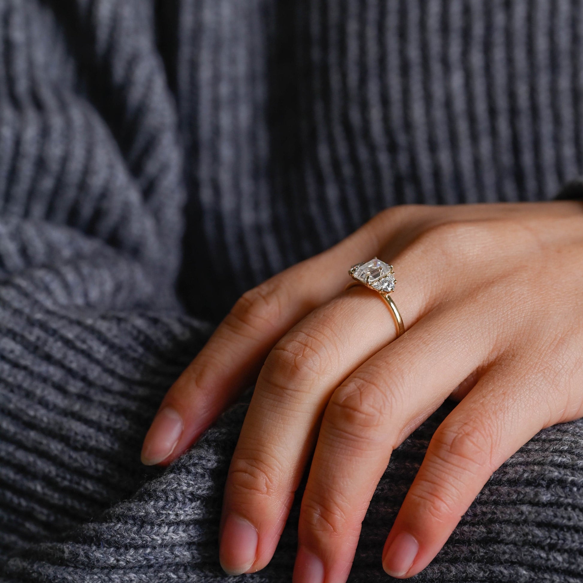SquareJewelry emerald cut moissanite engagement ring Solid Gold Trillion & Round Side Cluster Emerald Cut Moissanite Engagement Ring