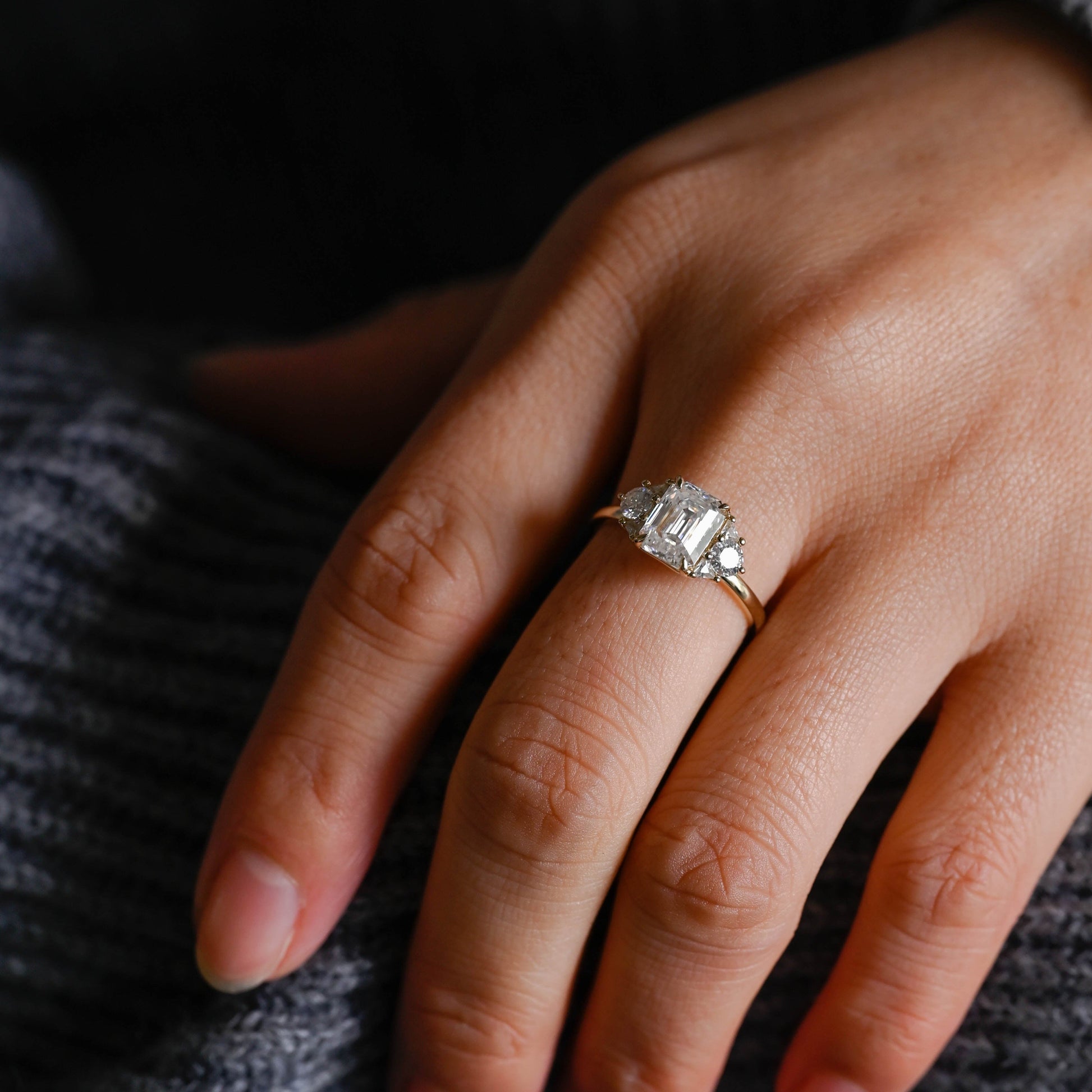 SquareJewelry emerald cut moissanite engagement ring Solid Gold Trillion & Round Side Cluster Emerald Cut Moissanite Engagement Ring