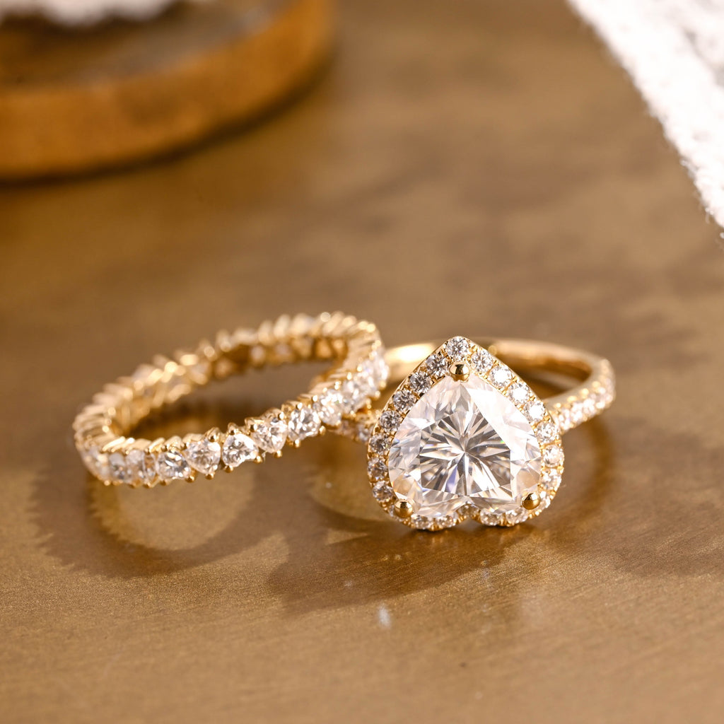 SquareJewelry heart cut bridal set Solid Gold Halo Heart Cut Moissanite Engagement Ring Set