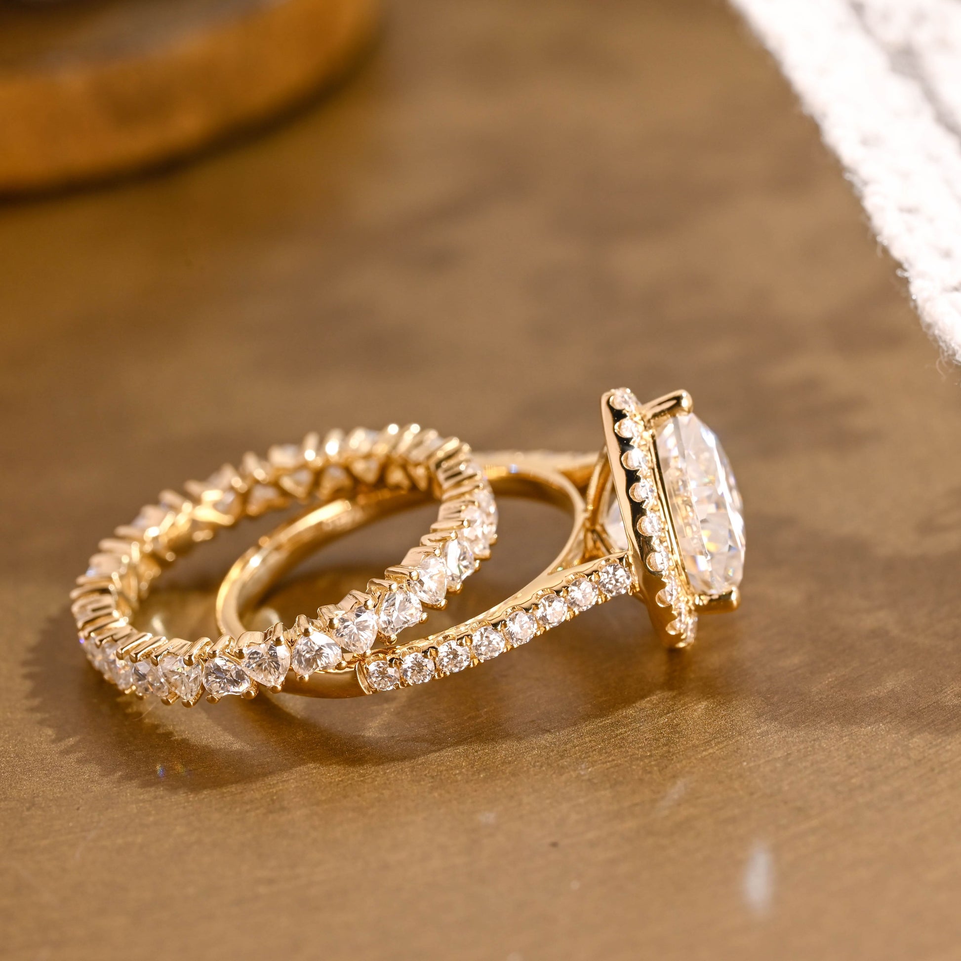 SquareJewelry heart cut bridal set Solid Gold Halo Heart Cut Moissanite Engagement Ring Set