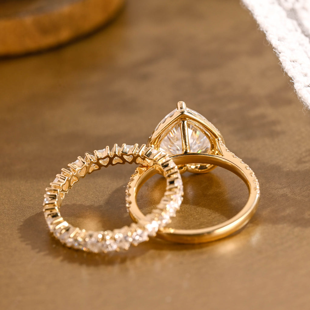SquareJewelry heart cut bridal set Solid Gold Halo Heart Cut Moissanite Engagement Ring Set