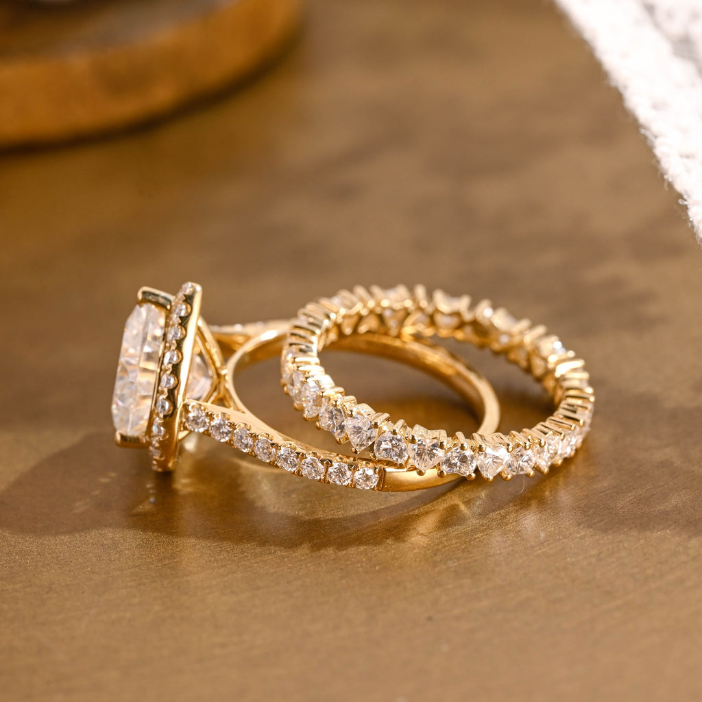 SquareJewelry heart cut bridal set Solid Gold Halo Heart Cut Moissanite Engagement Ring Set