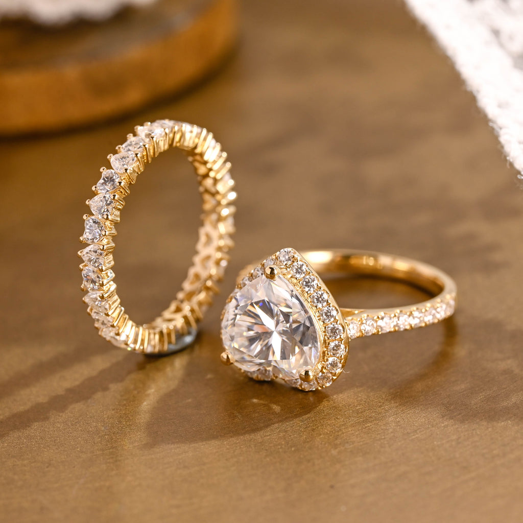 SquareJewelry heart cut bridal set Solid Gold Halo Heart Cut Moissanite Engagement Ring Set