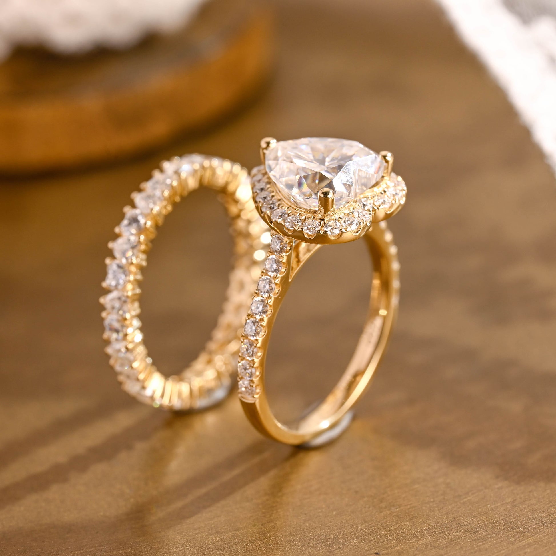 SquareJewelry heart cut bridal set Solid Gold Halo Heart Cut Moissanite Engagement Ring Set