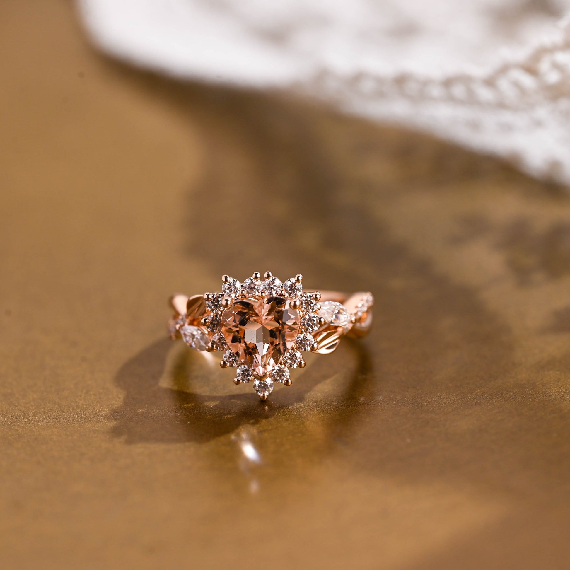 SquareJewelry heart cut lab grown sapphire engagement ring Champagne Bliss: Split Shank Heart Cut Lab Grown Sapphire Ring