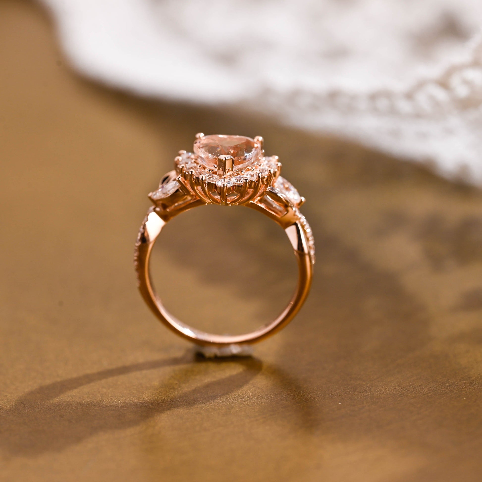 SquareJewelry heart cut lab grown sapphire engagement ring Champagne Bliss: Split Shank Heart Cut Lab Grown Sapphire Ring