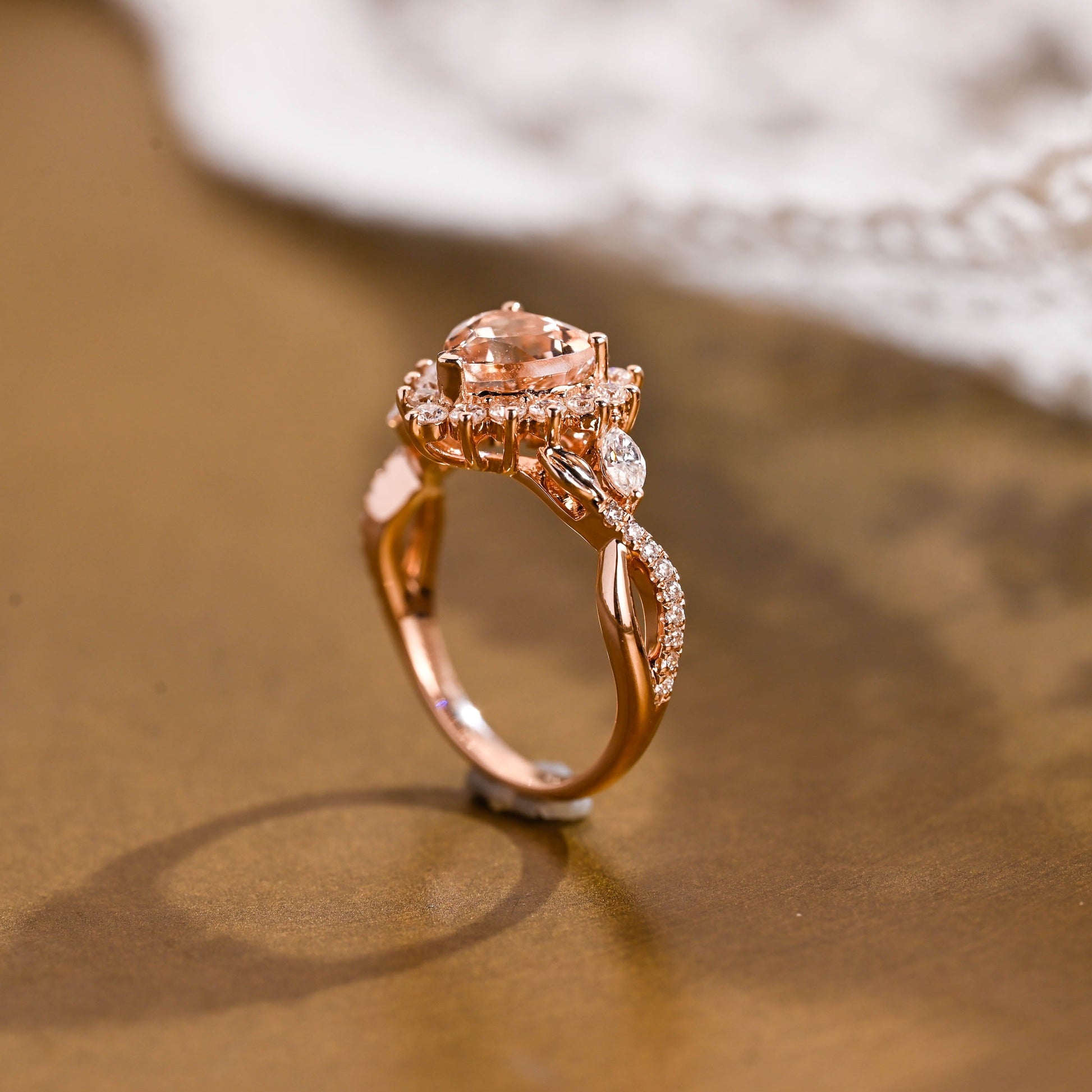 SquareJewelry heart cut lab grown sapphire engagement ring Champagne Bliss: Split Shank Heart Cut Lab Grown Sapphire Ring