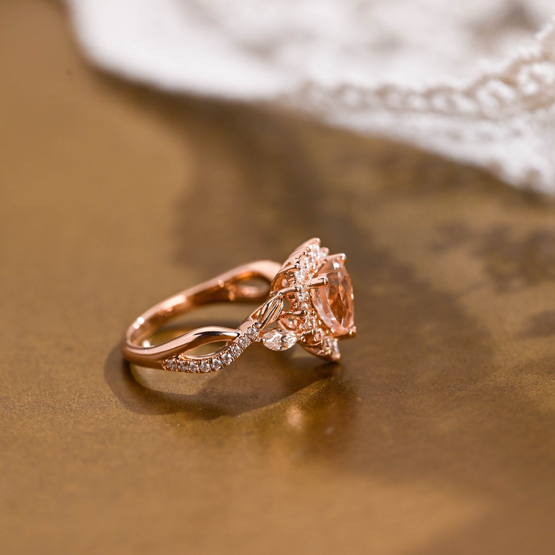 SquareJewelry heart cut lab grown sapphire engagement ring Champagne Bliss: Split Shank Heart Cut Lab Grown Sapphire Ring