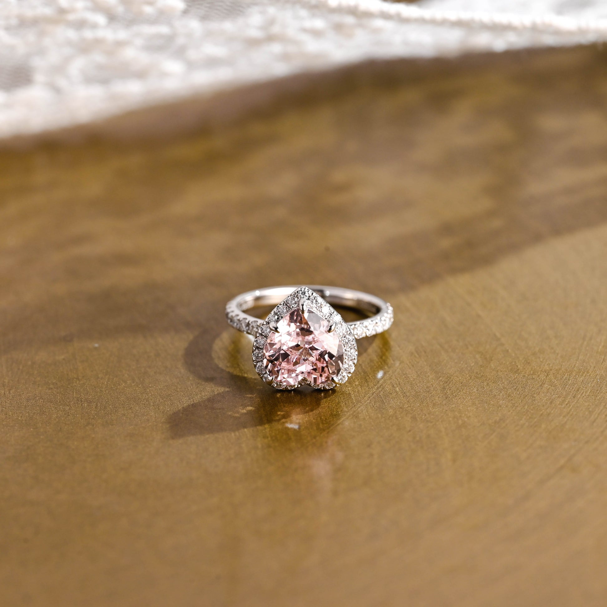 SquareJewelry heart cut moissanite engagement ring Solid Gold Double Halo Heart Cut Pink Moissanite Engagement Ring