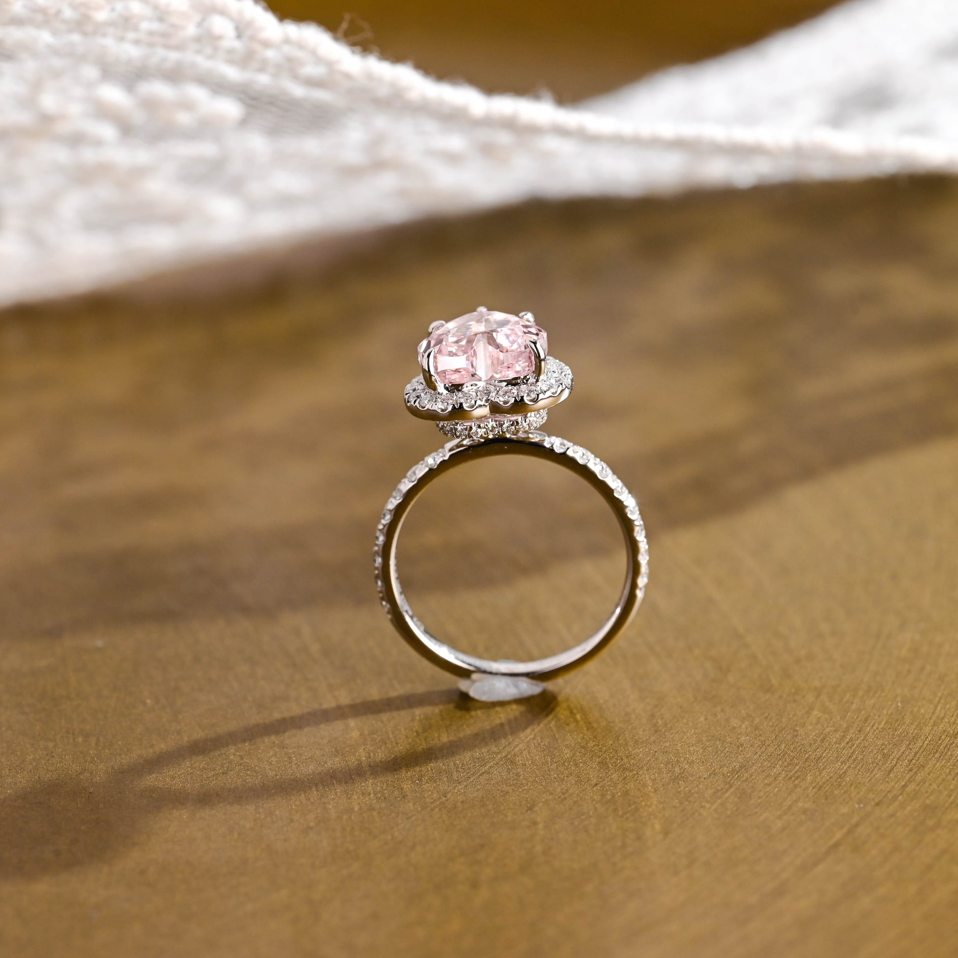 SquareJewelry heart cut moissanite engagement ring Solid Gold Double Halo Heart Cut Pink Moissanite Engagement Ring