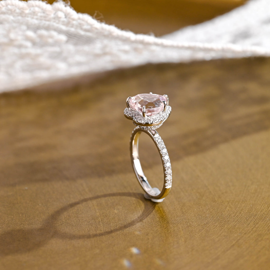 SquareJewelry heart cut moissanite engagement ring Solid Gold Double Halo Heart Cut Pink Moissanite Engagement Ring