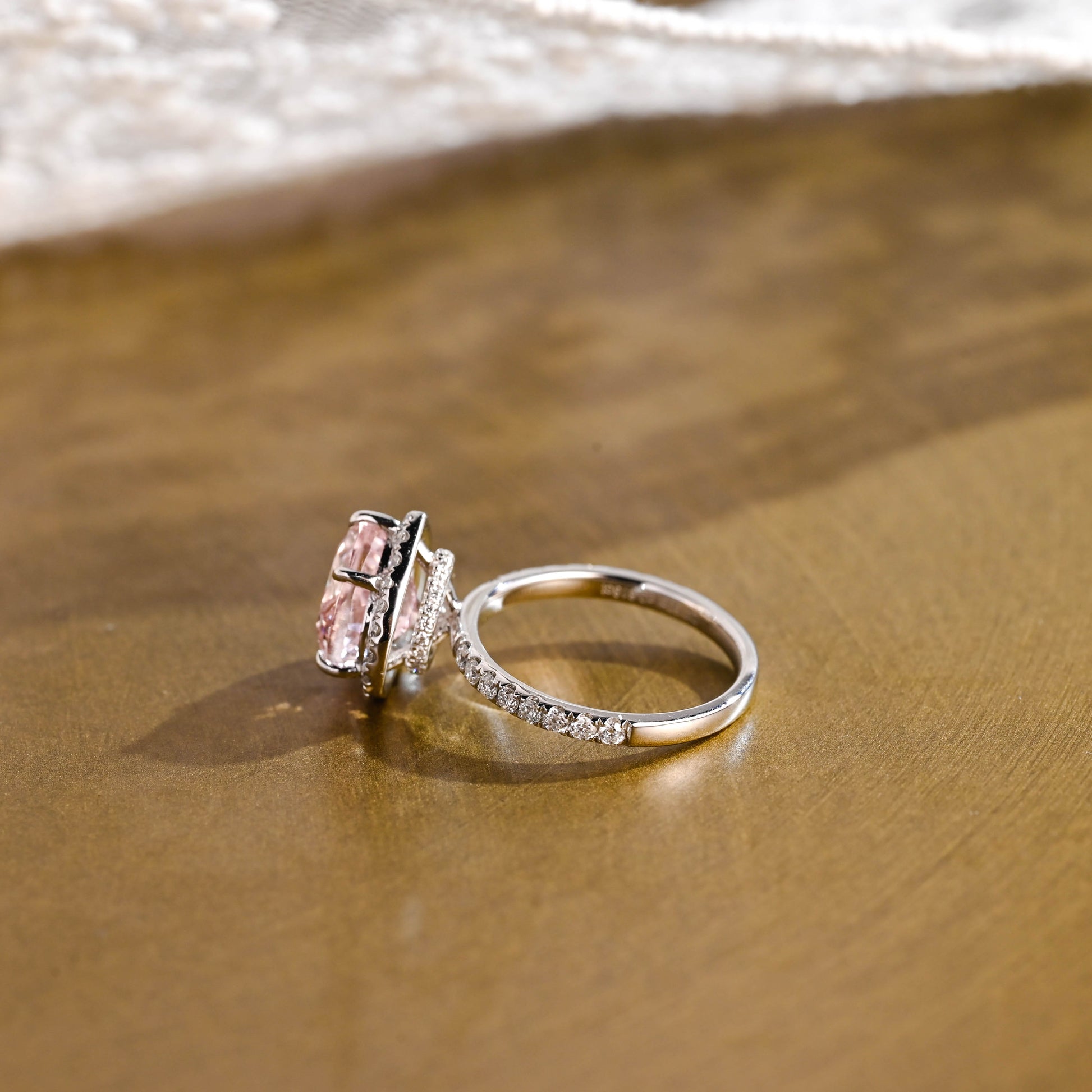 SquareJewelry heart cut moissanite engagement ring Solid Gold Double Halo Heart Cut Pink Moissanite Engagement Ring