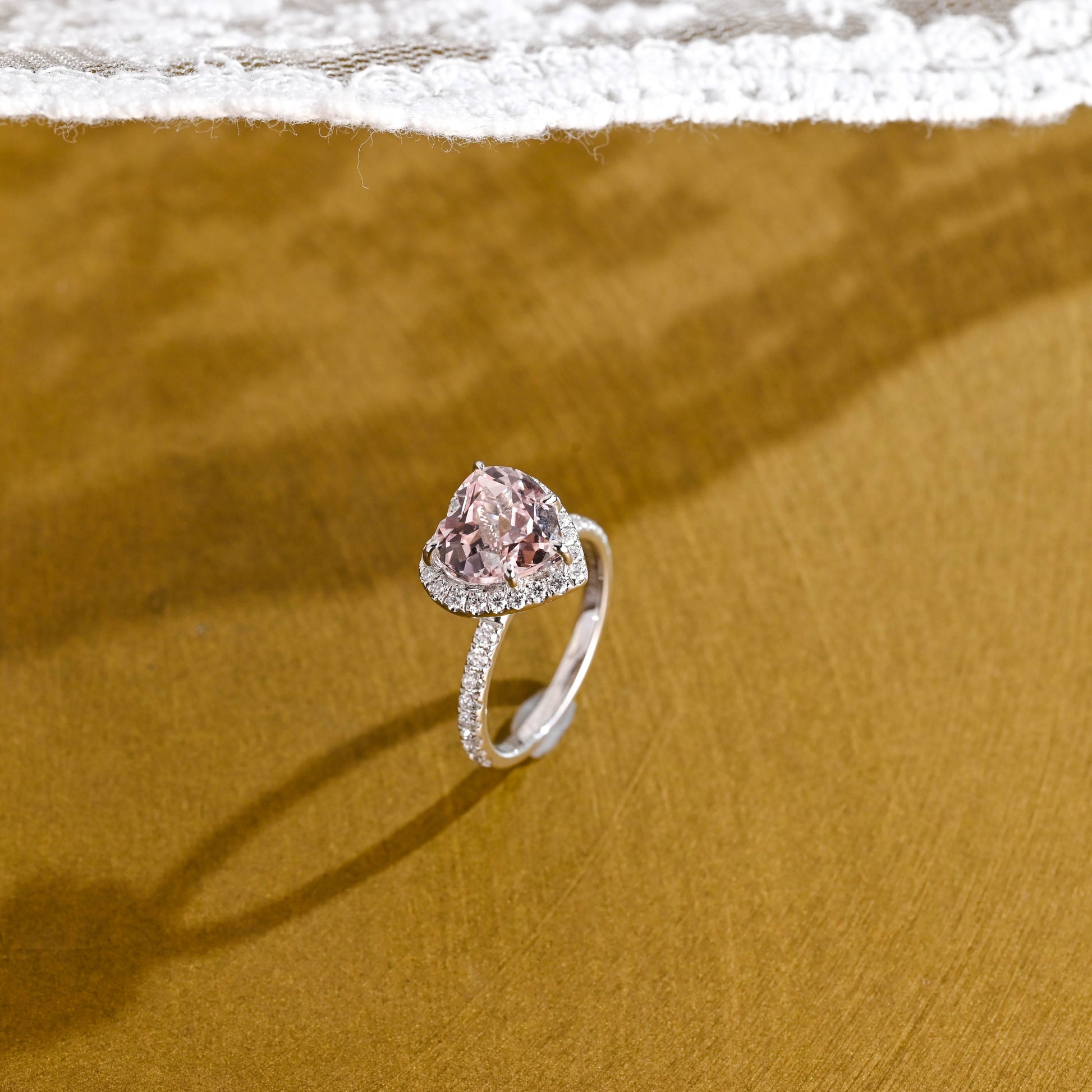 SquareJewelry heart cut moissanite engagement ring Solid Gold Double Halo Heart Cut Pink Moissanite Engagement Ring