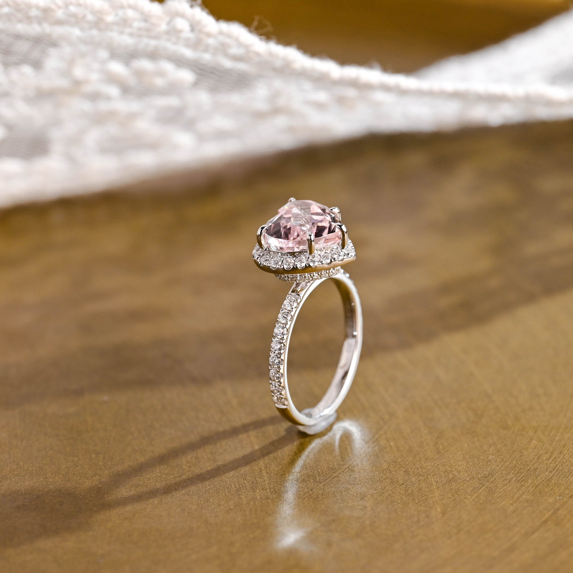 SquareJewelry heart cut moissanite engagement ring Solid Gold Double Halo Heart Cut Pink Moissanite Engagement Ring