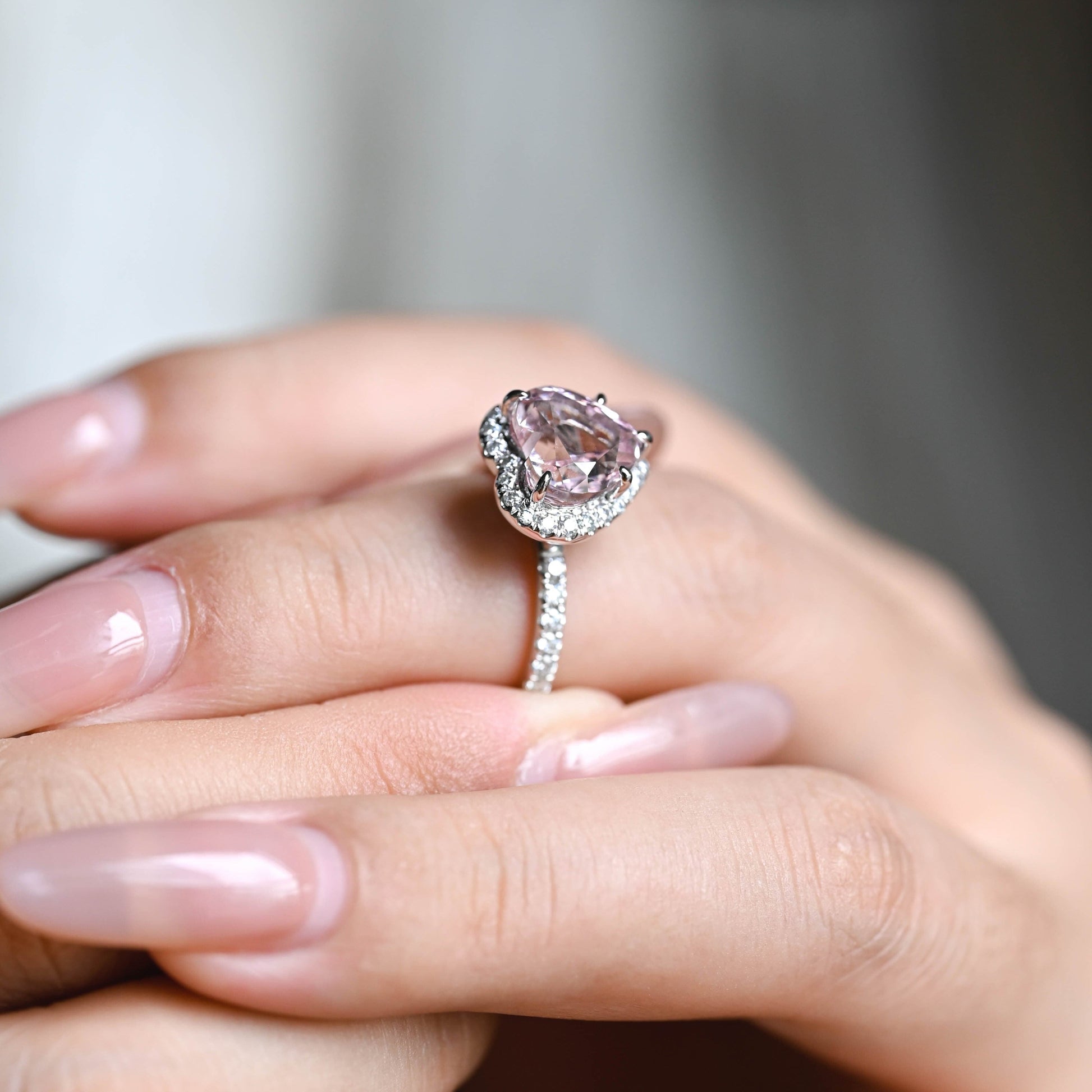 SquareJewelry heart cut moissanite engagement ring Solid Gold Double Halo Heart Cut Pink Moissanite Engagement Ring