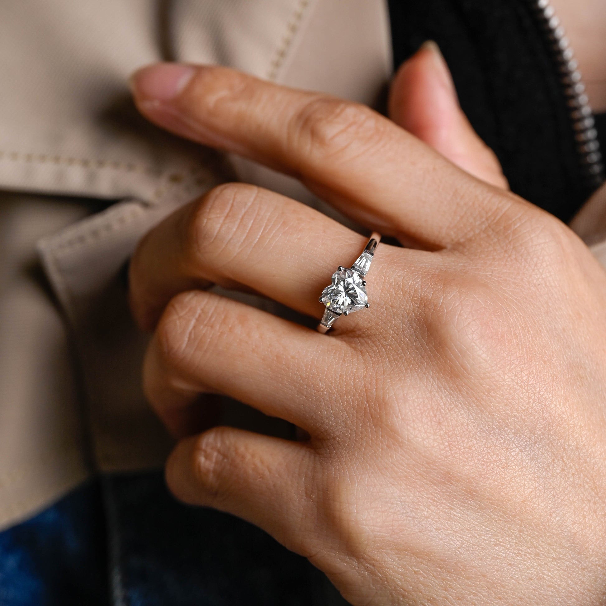 SquareJewelry heart cut moissanite engagement ring Three Stone Heart Cut Moissanite Engagement Ring