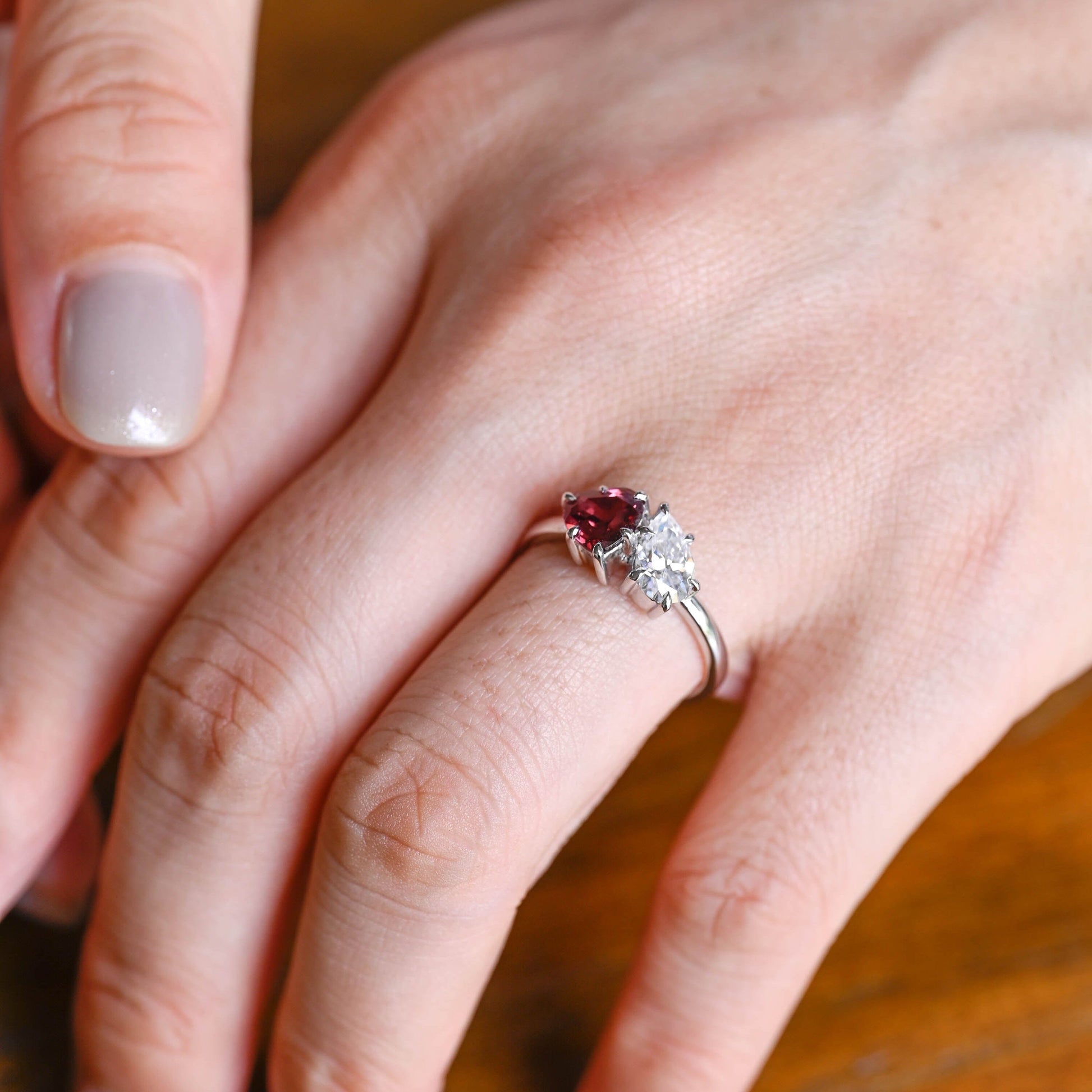 SquareJewelry heart cut moissanite engagement ring Toi et Moi Heart Garnet Color & Pear Moissanite Engagement Ring