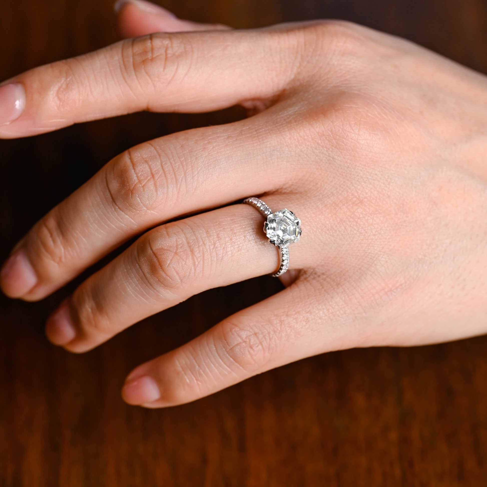 SquareJewelry hexagon cut moissanite engagement ring Solid Gold Tulip Hexagon Cut Moissanite Engagement Ring