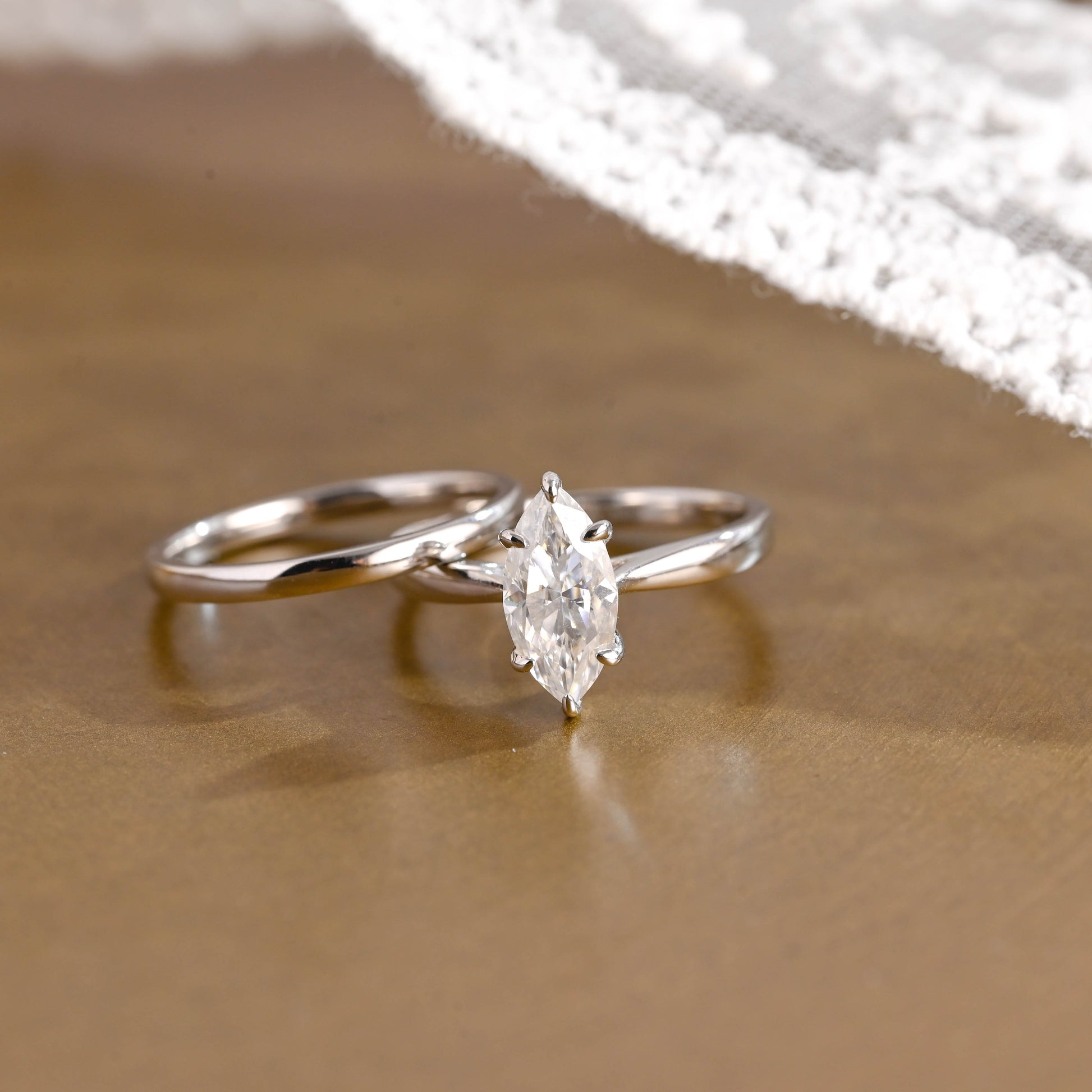 SquareJewelry Marquise Cut Bridal Set Solid Gold Marquise Cut Moissanite Wedding Ring Set