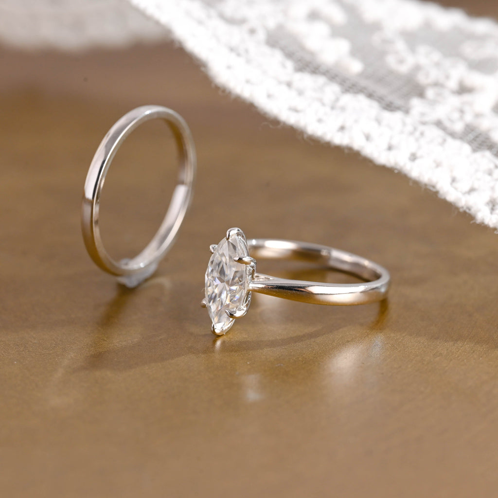 SquareJewelry Marquise Cut Bridal Set Solid Gold Marquise Cut Moissanite Wedding Ring Set