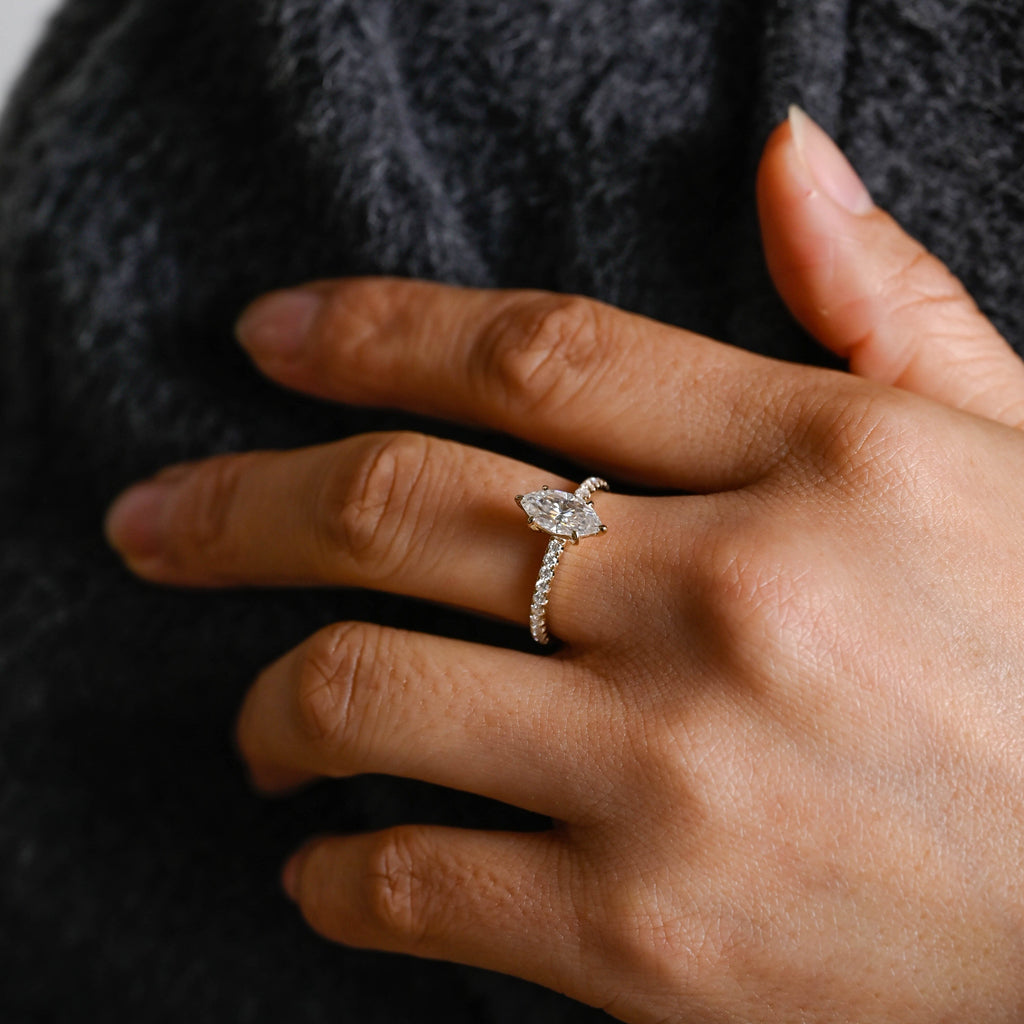 SquareJewelry marquise cut moissanite engagement ring Solid Gold Crushed Ice Marquise Cut Moissanite Engagement Ring