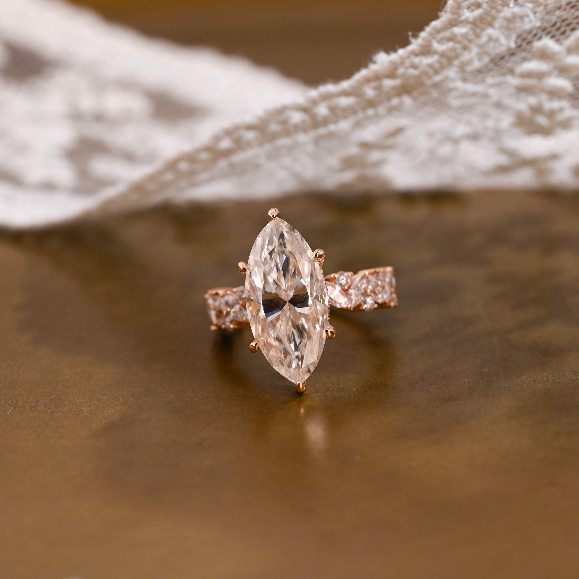 SquareJewelry marquise cut moissanite engagement ring Solid Gold Hidden Halo Marquise Cut Moissanite Engagement Ring