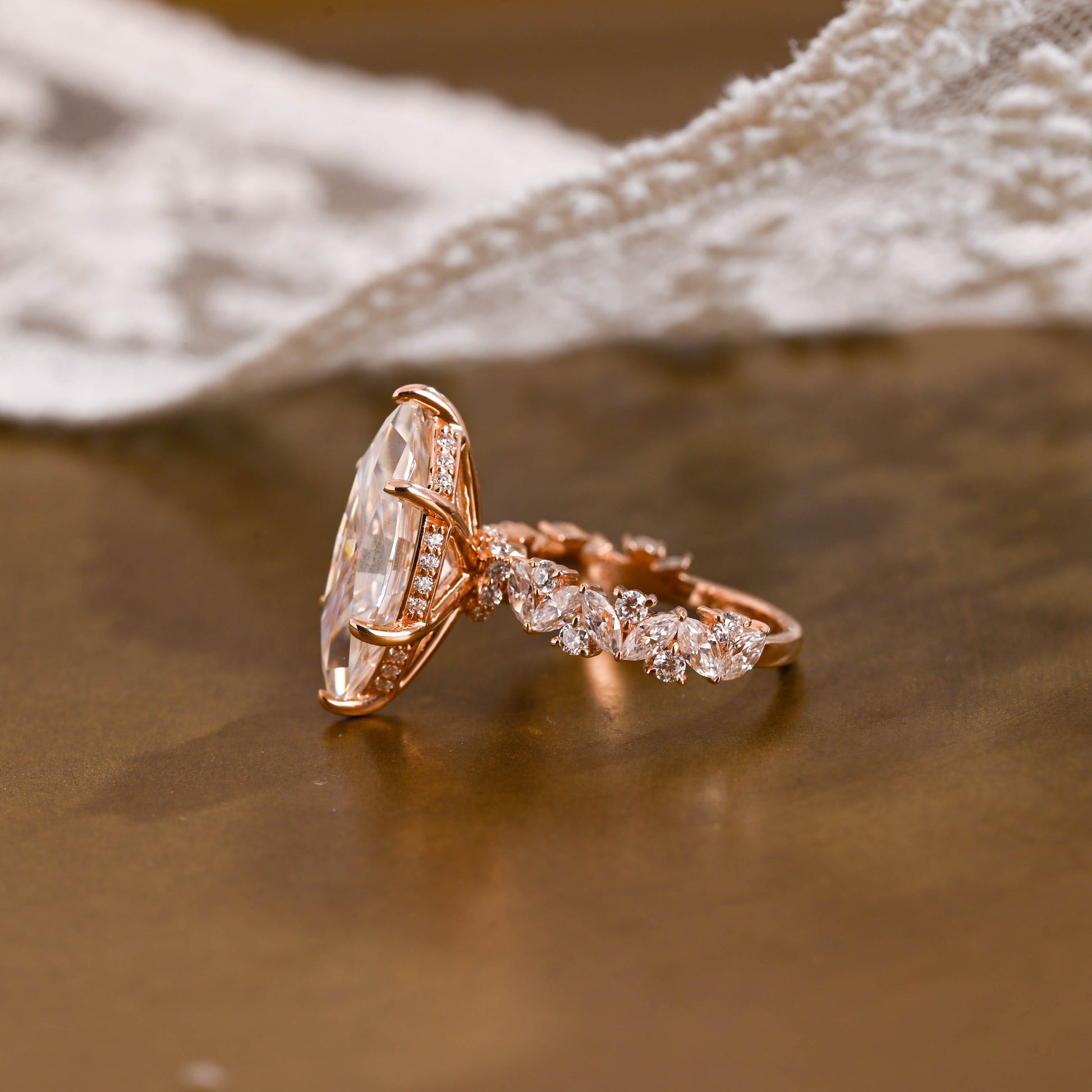 SquareJewelry marquise cut moissanite engagement ring Solid Gold Hidden Halo Marquise Cut Moissanite Engagement Ring