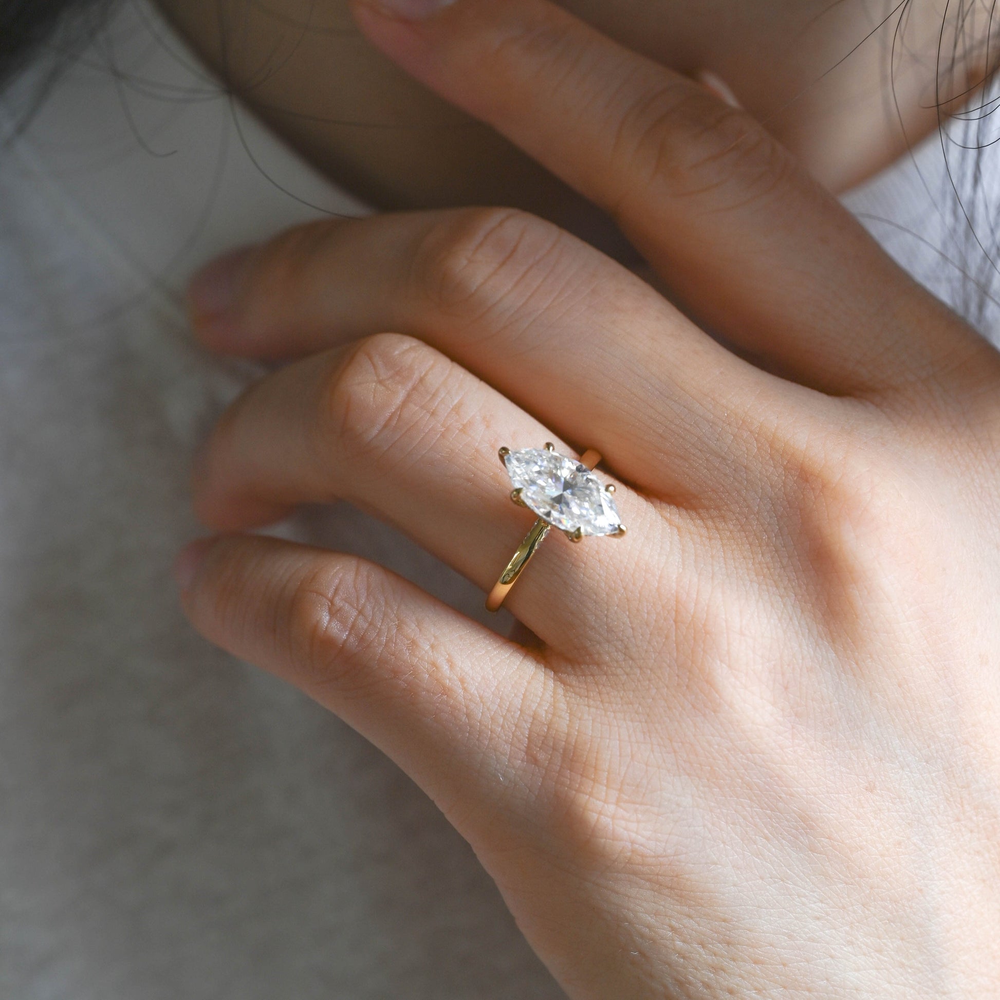 SquareJewelry marquise cut moissanite engagement ring Solid Gold Hidden Halo Marquise Cut Moissanite Engagement Ring
