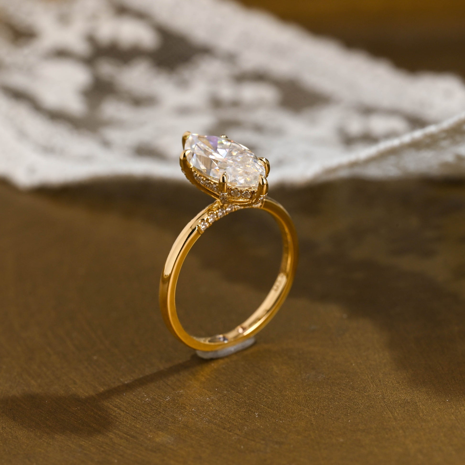 SquareJewelry marquise cut moissanite engagement ring Solid Gold Hidden Halo Marquise Cut Moissanite Engagement Ring