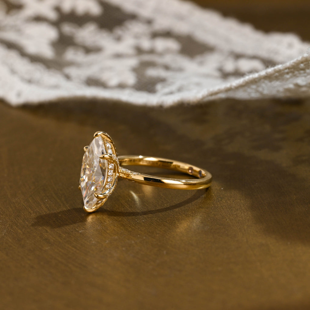 SquareJewelry marquise cut moissanite engagement ring Solid Gold Hidden Halo Marquise Cut Moissanite Engagement Ring