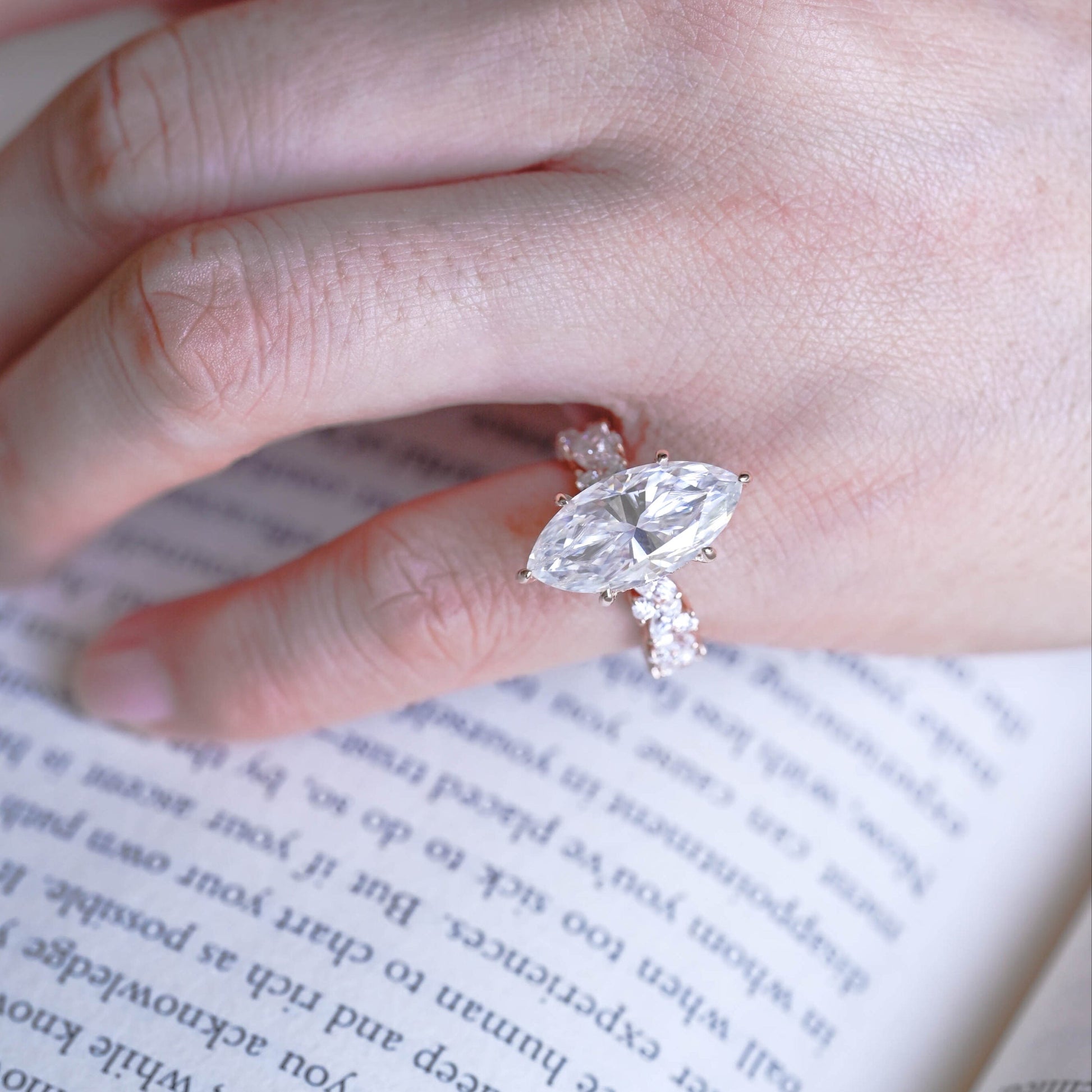 SquareJewelry marquise cut moissanite engagement ring Solid Gold Hidden Halo Marquise Cut Moissanite Engagement Ring