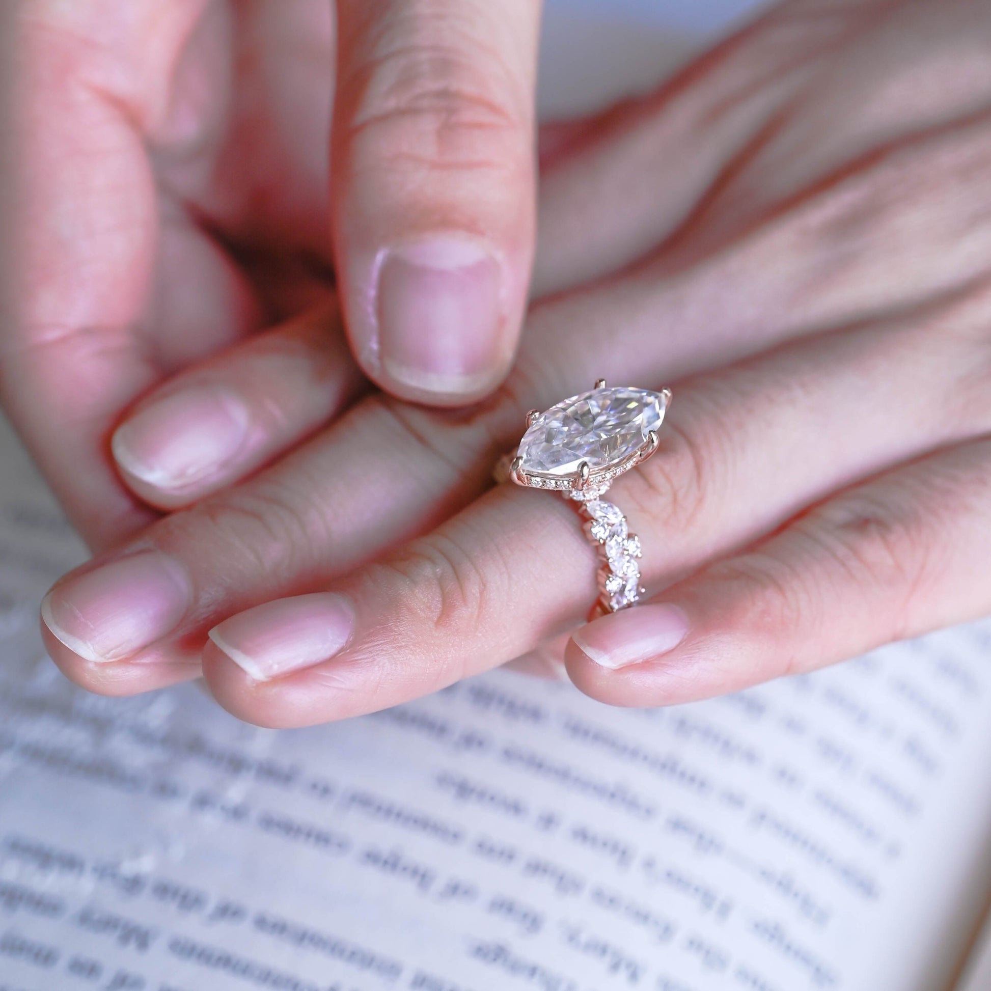 SquareJewelry marquise cut moissanite engagement ring Solid Gold Hidden Halo Marquise Cut Moissanite Engagement Ring