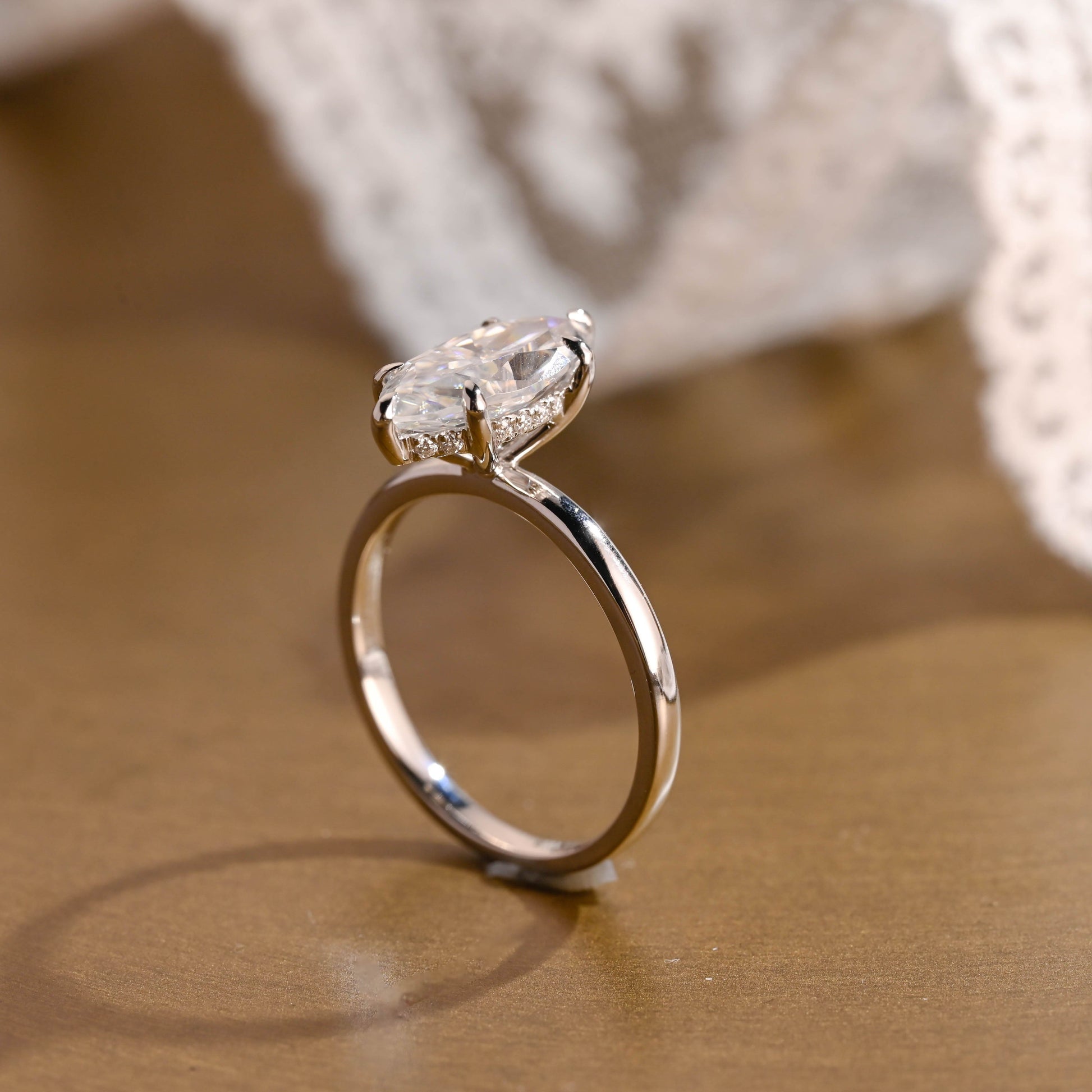 SquareJewelry marquise cut moissanite engagement ring Solid Gold Hidden Halo Stackable Marquise Cut Moissanite Engagement Ring