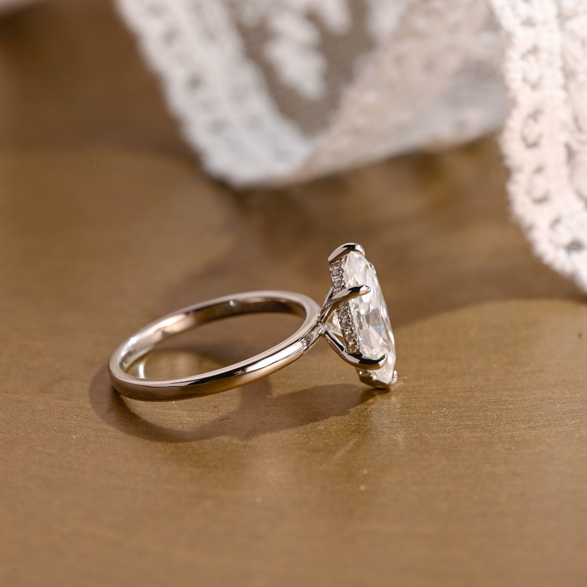 SquareJewelry marquise cut moissanite engagement ring Solid Gold Hidden Halo Stackable Marquise Cut Moissanite Engagement Ring