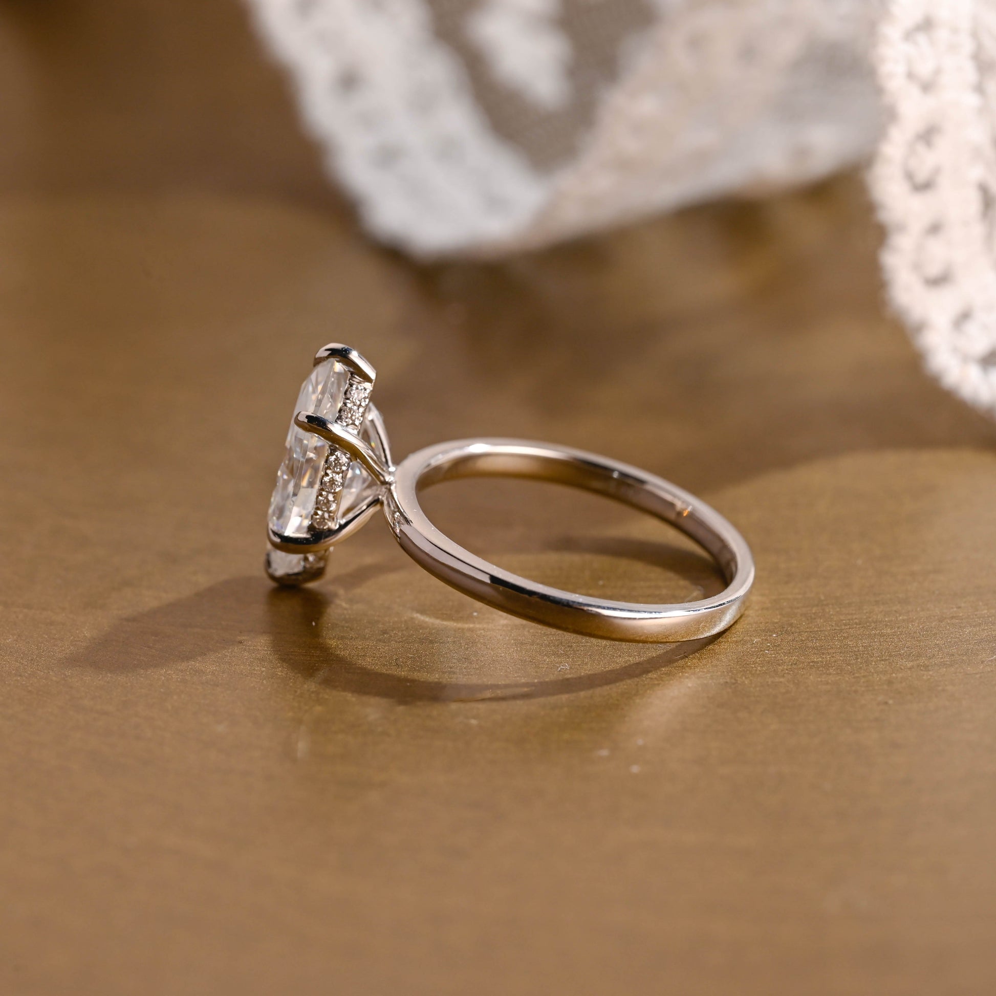 SquareJewelry marquise cut moissanite engagement ring Solid Gold Hidden Halo Stackable Marquise Cut Moissanite Engagement Ring