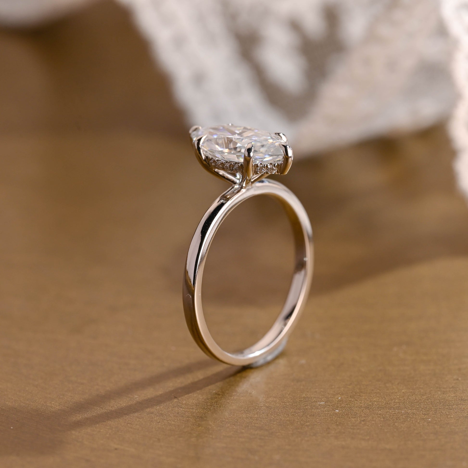 SquareJewelry marquise cut moissanite engagement ring Solid Gold Hidden Halo Stackable Marquise Cut Moissanite Engagement Ring
