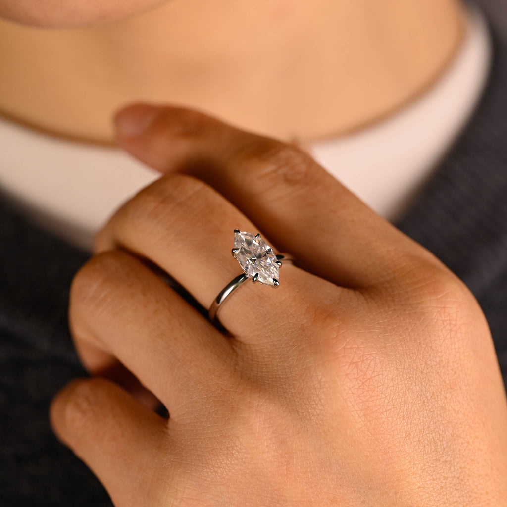 SquareJewelry marquise cut moissanite engagement ring Solid Gold Hidden Halo Stackable Marquise Cut Moissanite Engagement Ring