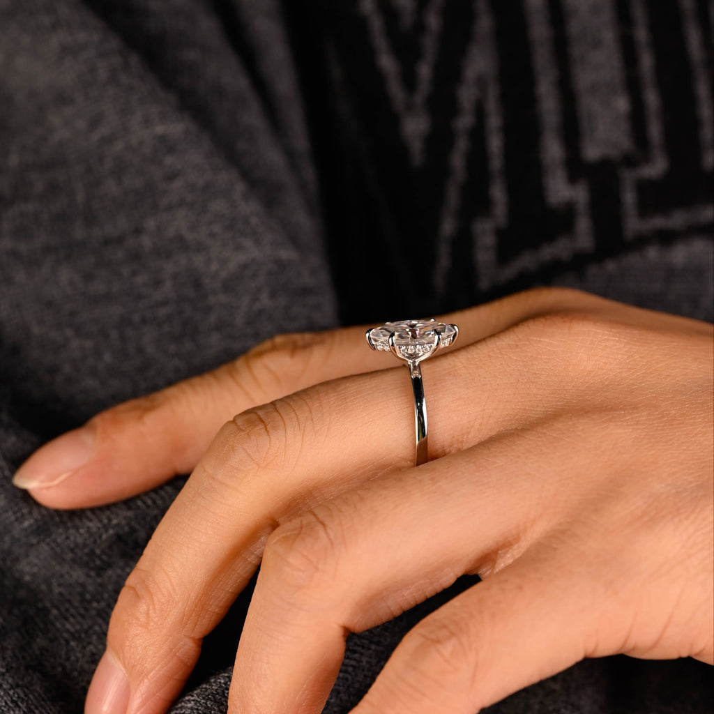 SquareJewelry marquise cut moissanite engagement ring Solid Gold Hidden Halo Stackable Marquise Cut Moissanite Engagement Ring