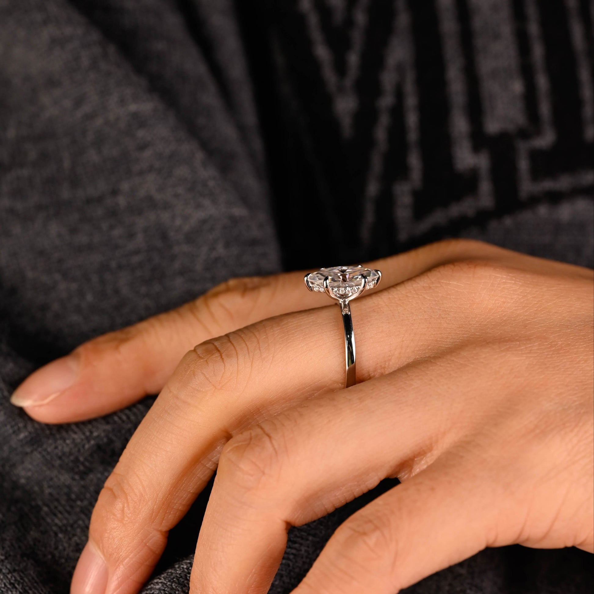 SquareJewelry marquise cut moissanite engagement ring Solid Gold Hidden Halo Stackable Marquise Cut Moissanite Engagement Ring