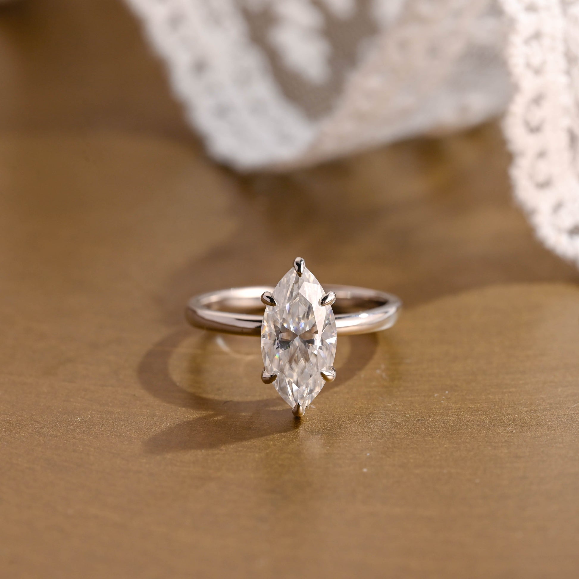 SquareJewelry marquise cut moissanite engagement ring Solid Gold Hidden Halo Stackable Marquise Cut Moissanite Engagement Ring